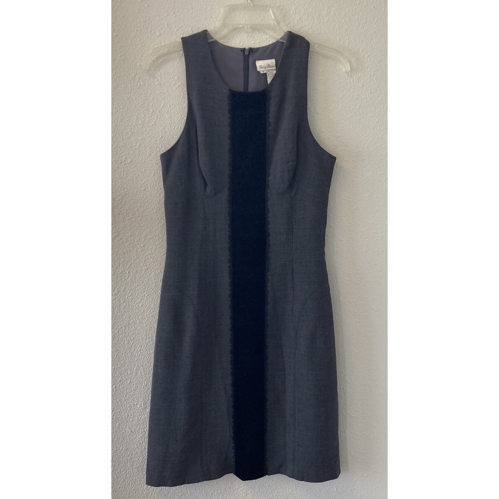 Vintage 90s Tracey Reese Dress Shift Size 6 Wool Blend Gray Velvet Detail Classy